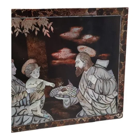 Vintage Religious Jesus Mary & Joseph Mother of Pearl Inlay Wood Wall Art Vtg
